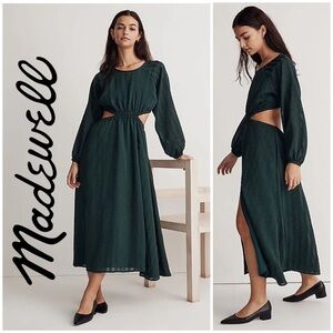 🎄 Madewell, Smoky Spruce Long-Sleeve Cutout Midi Dress